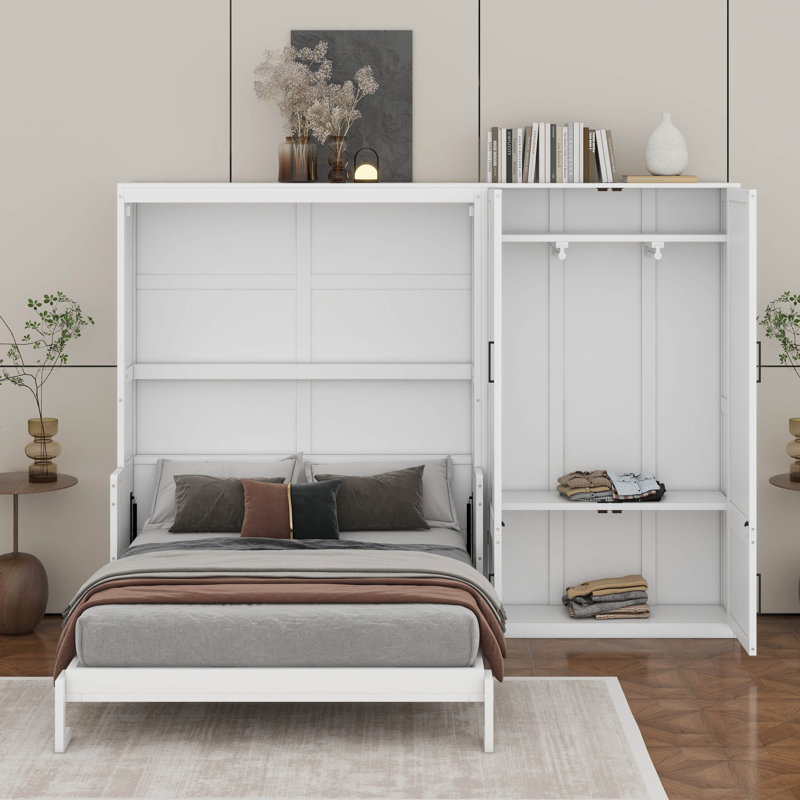 Grand lit escamotable mural avec placard, Blanc