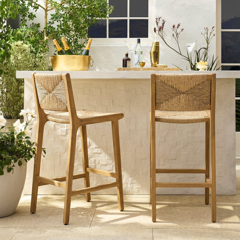 Fielder 28'' Seat Height Coastal Farmhouse Outdoor Armless Bar Stool With PE Wicker Seat And Acacia Wood Frame, 2, Light Teak