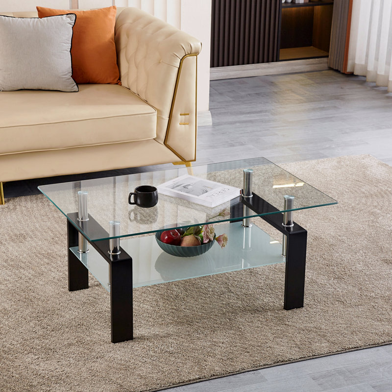 Table basse de salon en verre trempé transparent à 2 niveaux, Noir