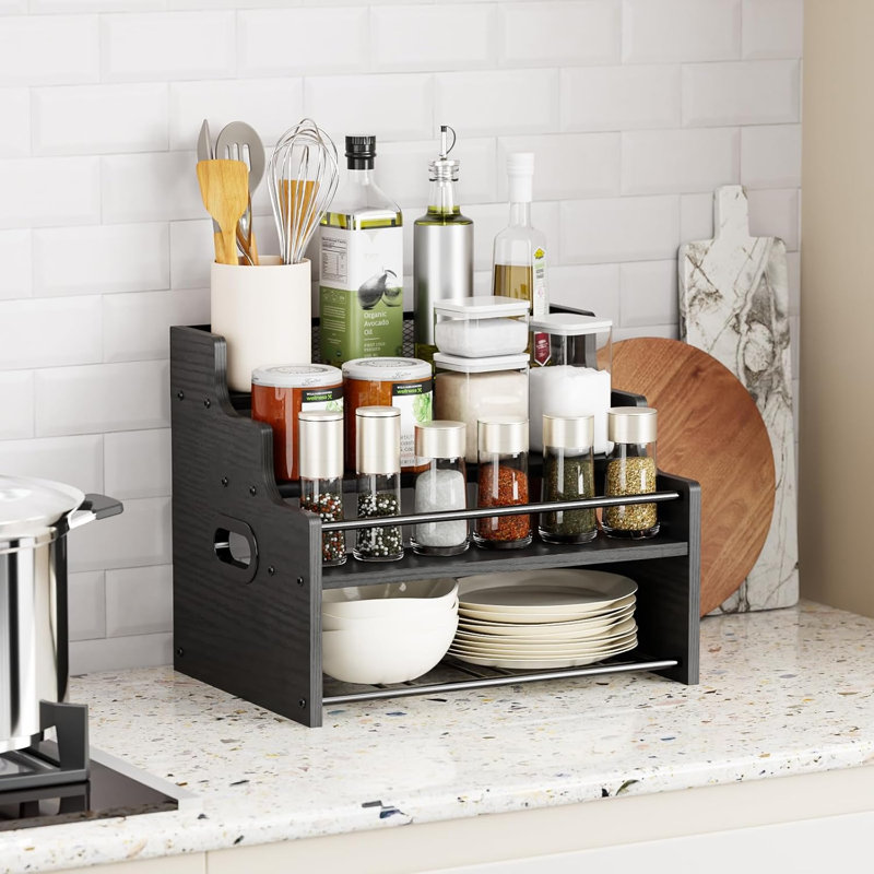 4-Tier Wood Display Shelf, Black Modern Bottle Organizer, Countertop Bar Stand For Liquor, Coffee Syrup