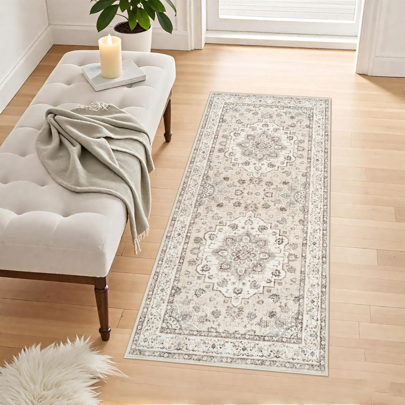 Roehit Beige / Cream Machine Washable Performance Area Rug with Non-slip Backing, Runner 2' x 5'