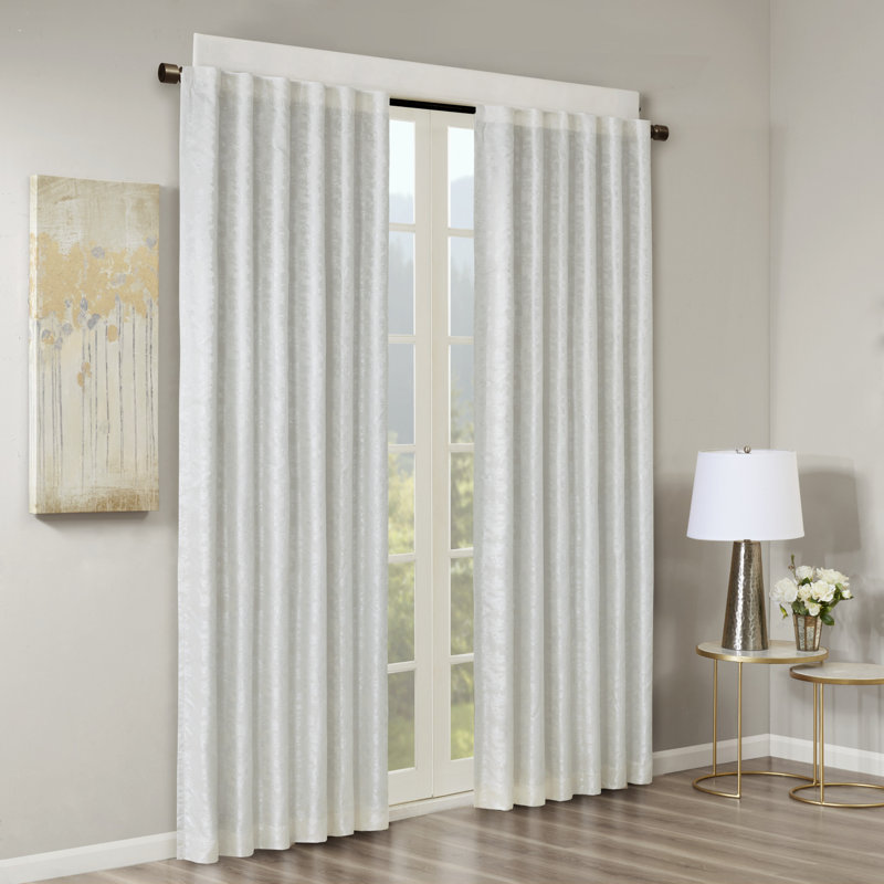 Cassius Damask Total Blackout Thermal Single Curtain Panel, 50" W x 108" L, White/Silver