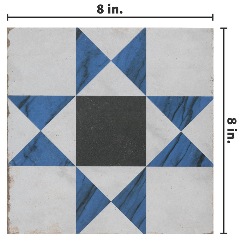 Renaissance Deco 8" x 8" Porcelain Wall & Floor Tile, Indigo/White