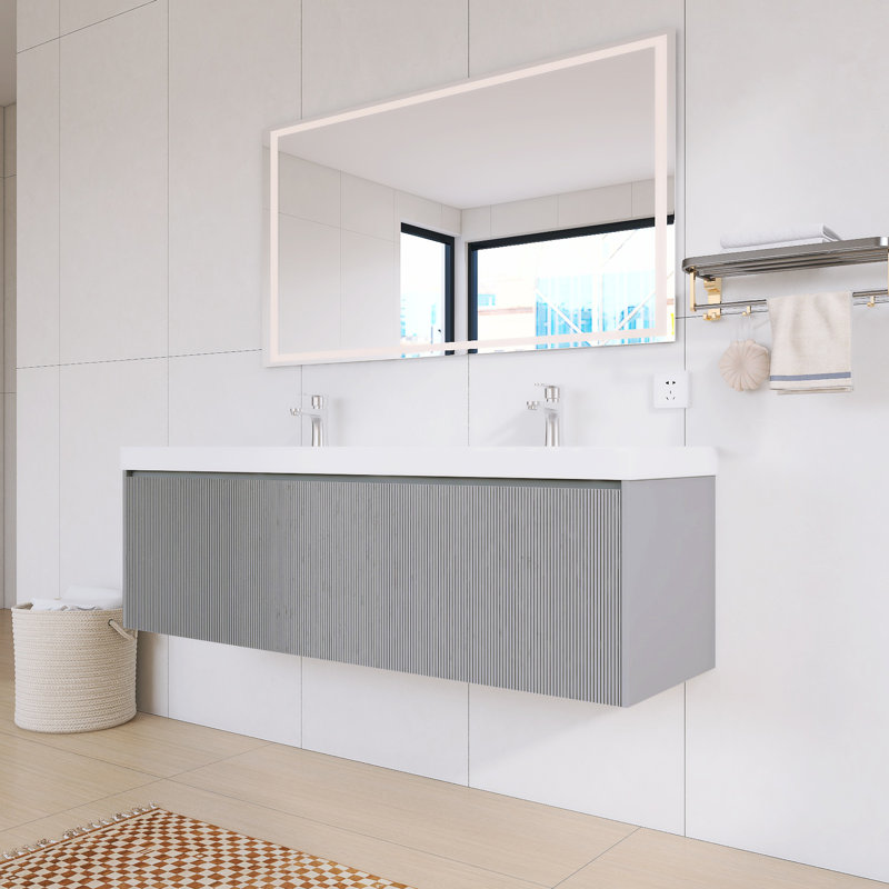 Meuble-lavabo flottant 60 po avec comptoir en acrylique 60 po | Armoire en bois cannelé, Gris clair, 60"