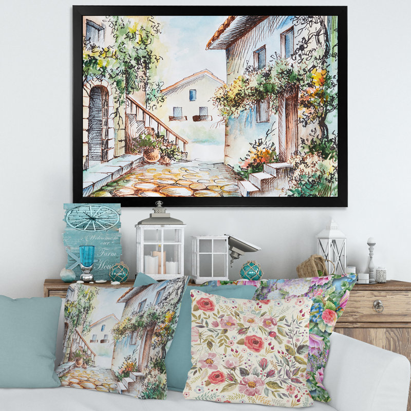 «Sunny Day at the City Cozy Street», peinture sur toile, H 16 po x l 32 po x p 1 po, Cadre photo noir