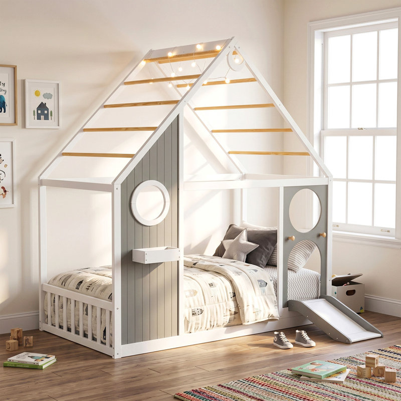 Lit simple avec glissade, bande lumineuse en forme de boule, lit plateforme en bois avec façade, panneau d'ameublement amusant