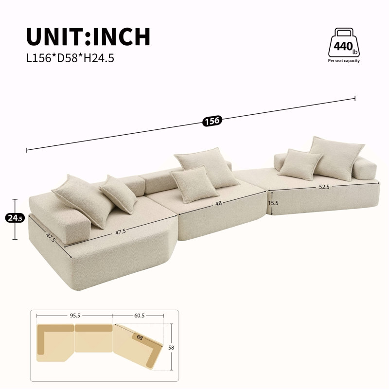 Canapé modulaire surdimensionné surdimensionné, ensemble de canapé de plancher Boucle de luxe, canapé convertible compressé, canapé spacieux rempli de mousse pour le salon, combinaison gratuite de 3 PC, 2 couleurs