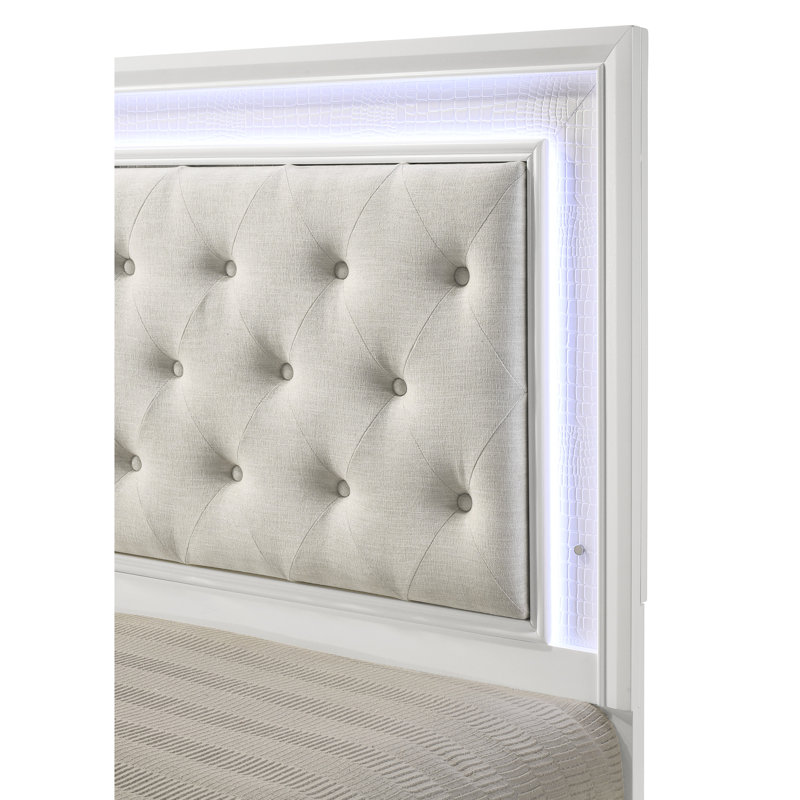 Contemporary Queen Panel Bed With Upholstered, Led - Lit And Button Frost/oat Textured Headboard, Solid Wood White Color