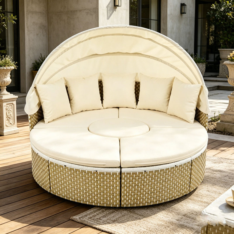 Ensemble de canapé modulaire d'extérieur rond en rotin à deux tons avec auvent rétractable, Beige