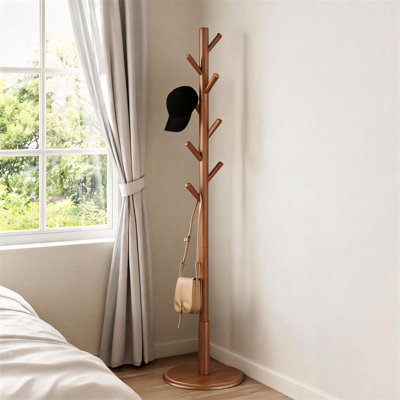 Brown Solid Wood Floor Coat Rack, Made Of Rubberwood With 8 Hooks, Three Adjustable Positions, Suitable For Entryways And Hallways.
