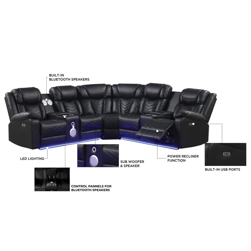 Briege Faux Leather Power Reclining Curved Sectional Symmetrical, Black Faux Leather