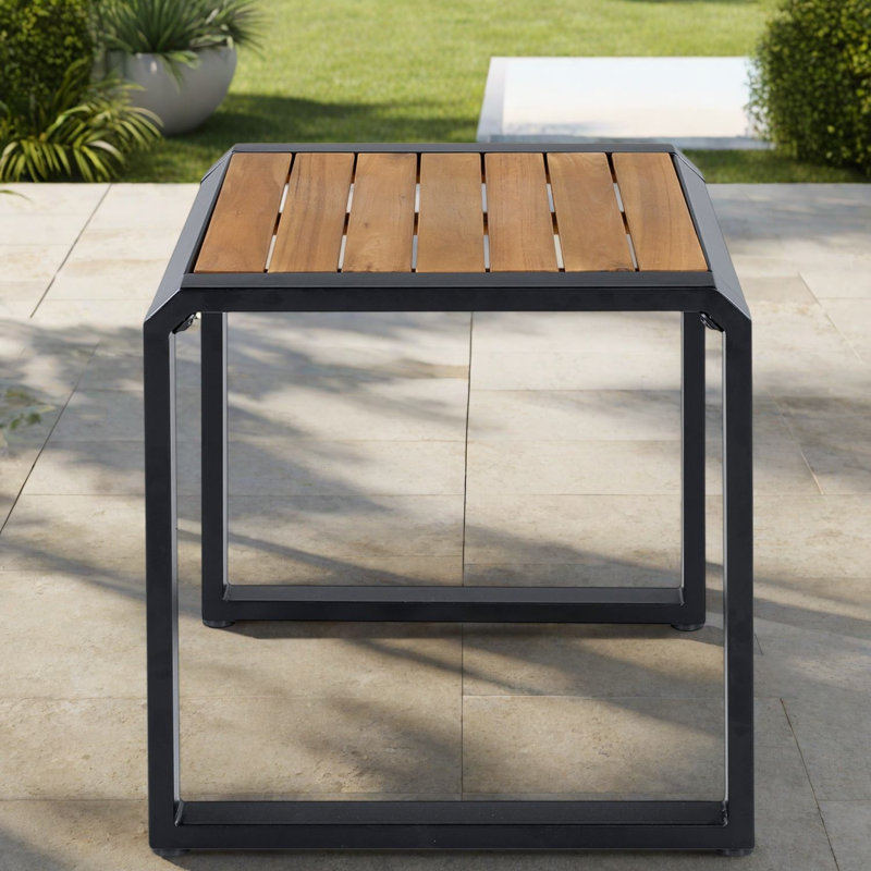 Tables de patio modernes, table d'appoint compacte en métal avec plateau en bois d'acacia, pour terrasse ou piscine, Noir