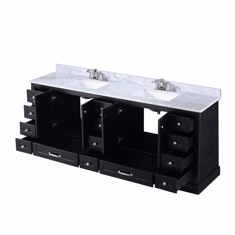 Ensemble de meuble-lavabo double double 84 po x 22 po avec plateau en marbre de Carrare et robinet, Espresso
