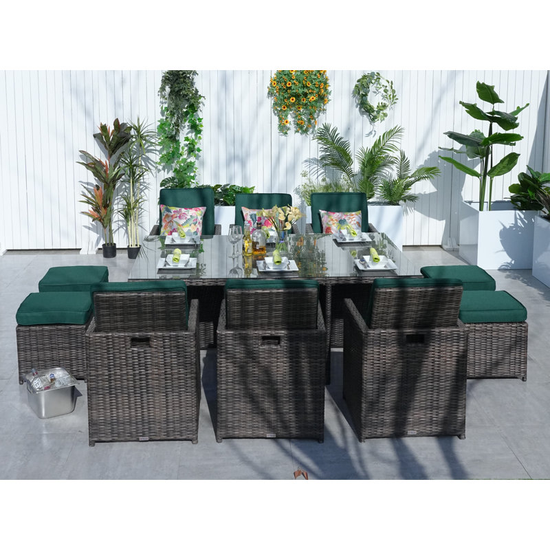 10 - Person Wicker Patio Dining Set with Rectangular Table , Cushions Included, Brown, Atrovirens