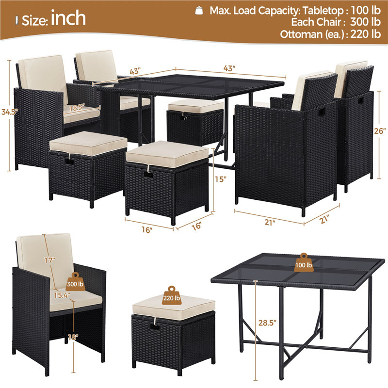 Azaleia 9-Piece Patio Dining Set with Glass Table, 4 Cushioned Chiaris & 4 Ottomans