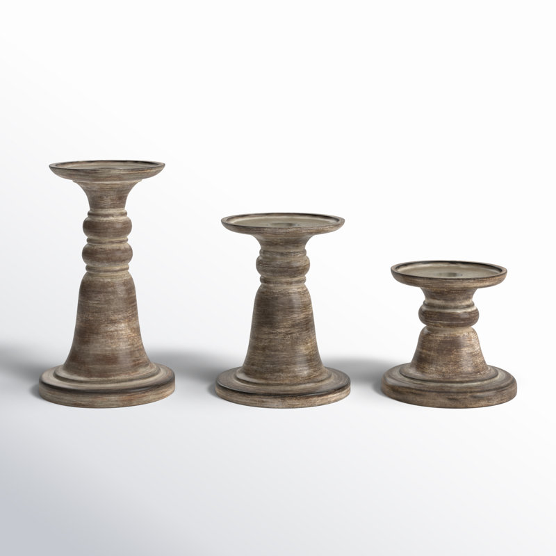 Rustic Brown and White Stone Resin Tabletop Candlestick Set