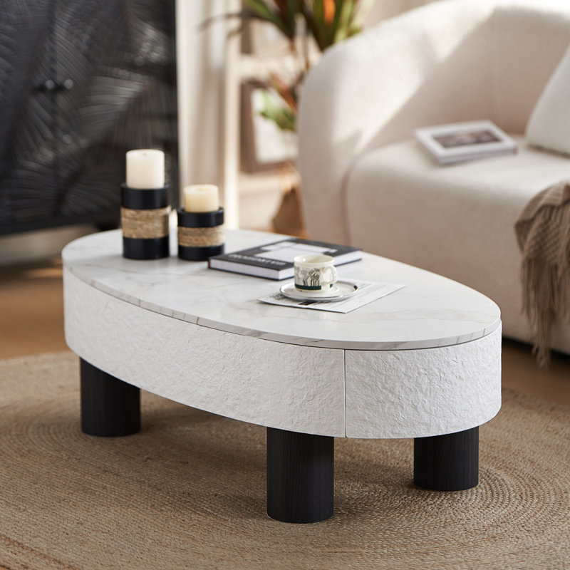 Table basse ovale avec plateau en faux marbre, table basse moderne avec tiroir caché et espace de rangement, table basse