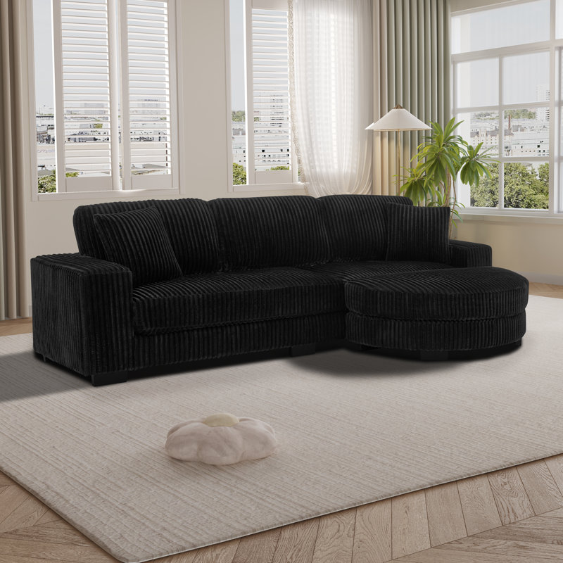 Corduroy L-Shaped Modular Sofa Set, Rectangular 3-Seater With Semi-Round Movable Ottoman, Unique Arc & Square Design