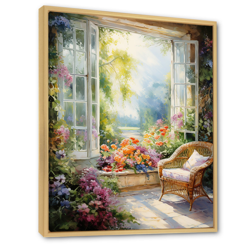 Orange et vert, fenêtre française vue III - fenêtre, art mural sur toile, Cadre flottant brun, H 44 po x l 34 po x P 1,5 po