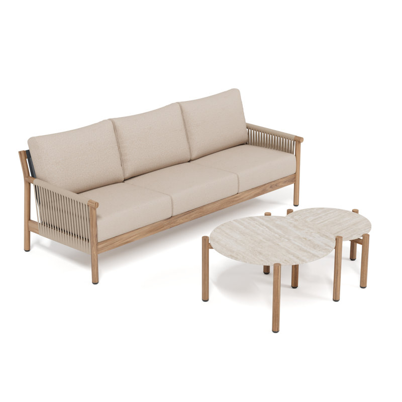  Canapé d'extérieur en aluminium tissé avec corde Trini, 3 Pcs: 2 Tables, Sofa, Champagne, Champagne