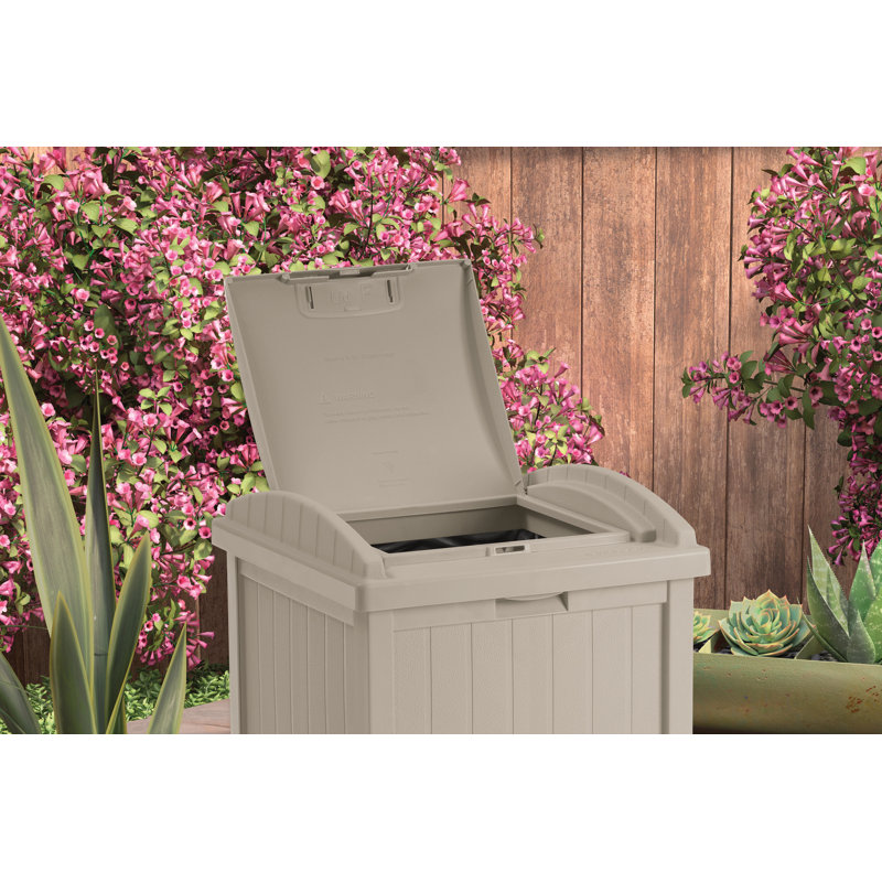 Taupe Resin Outdoor Trash Hideaway Container with Latching Lid