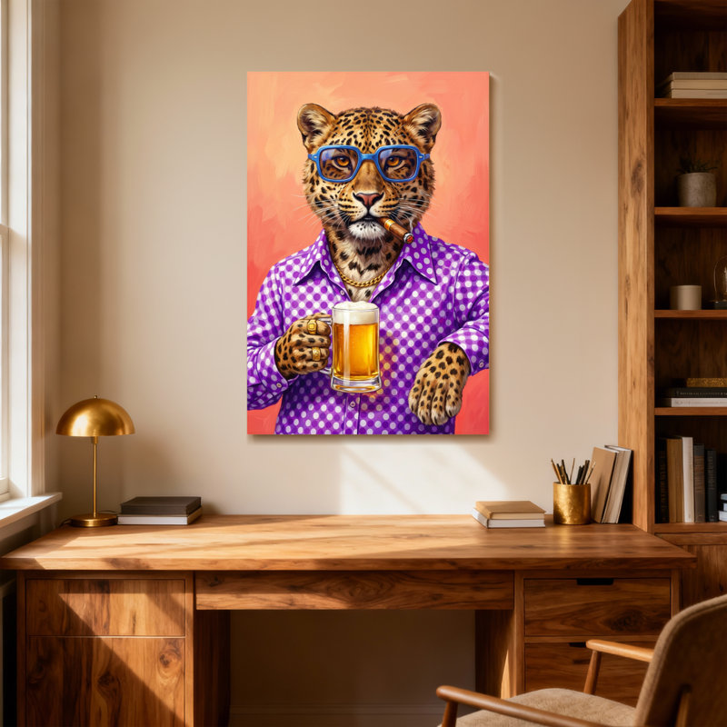 Animaux, léopard, porte des lunettes et boit de la bière, H 40 po x l 28 po