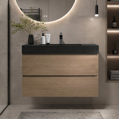 Meuble-lavabo mural en noyer avec lavabo, grand meuble-lavabo flottant mural pour salle de bain moderne, lavabo une pièce sans drain ni robinet, pré-assemblé