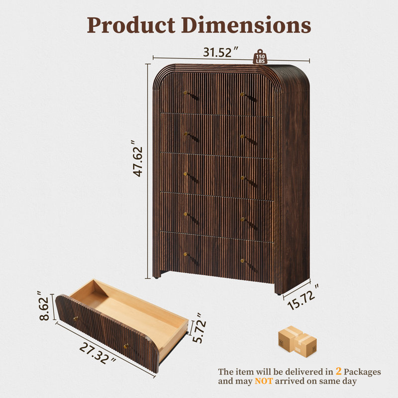 Fluted 5 Drawers Dresser For Bedroom, 48" Tall Modern Chest Of Drawers For Bedroom, Living Room, Hallway, Dark Walnut