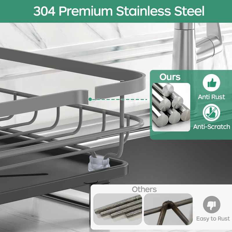 Dark Gray Stainless Steel Dish Drying Rack with Utensil Holder