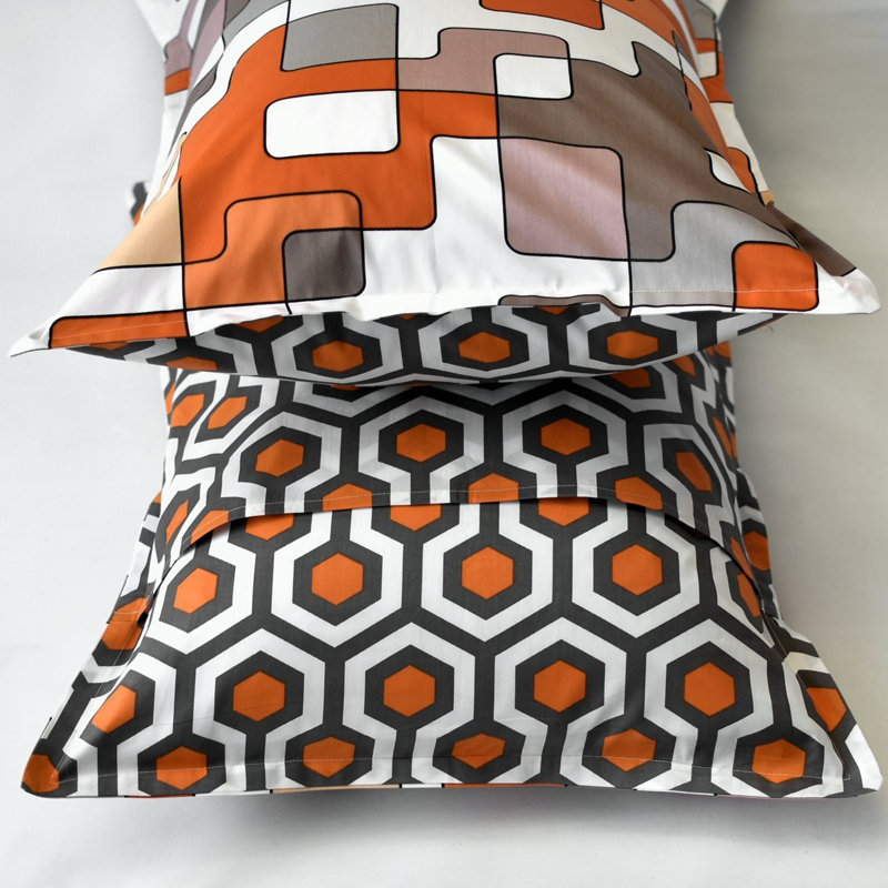Orange and Taupe Geometric Cotton Queen Duvet Cover Set