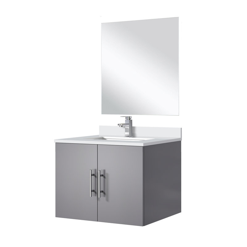 24 po L x P 22 po. Meuble-lavabo gris foncé, comptoir en quartz blanc, robinet inclus et miroir de 18 po