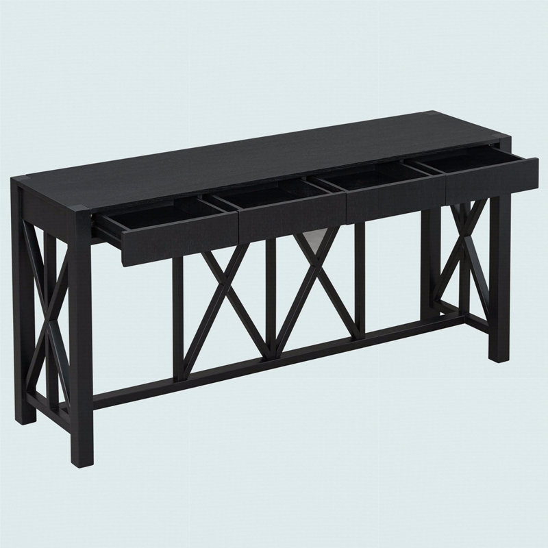 Console 60 po avec 4 tiroirs spacieux en placage d'acacia de style moderne Crisscross, Noir