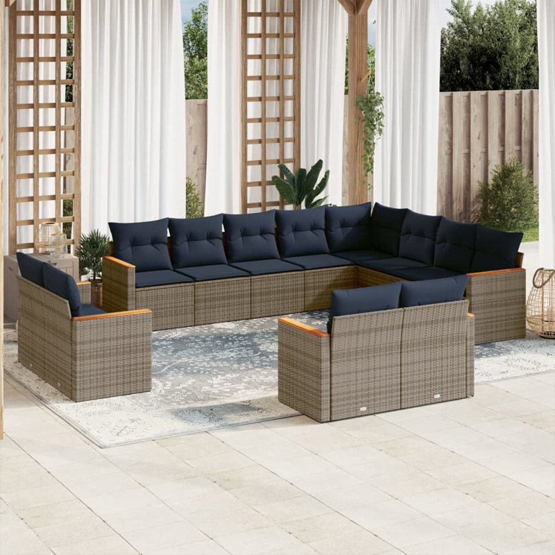  Ensemble de canapé de patio 12 pièces avec coussins en rotin de polyester gris, Coussin bleu marine / structure grise