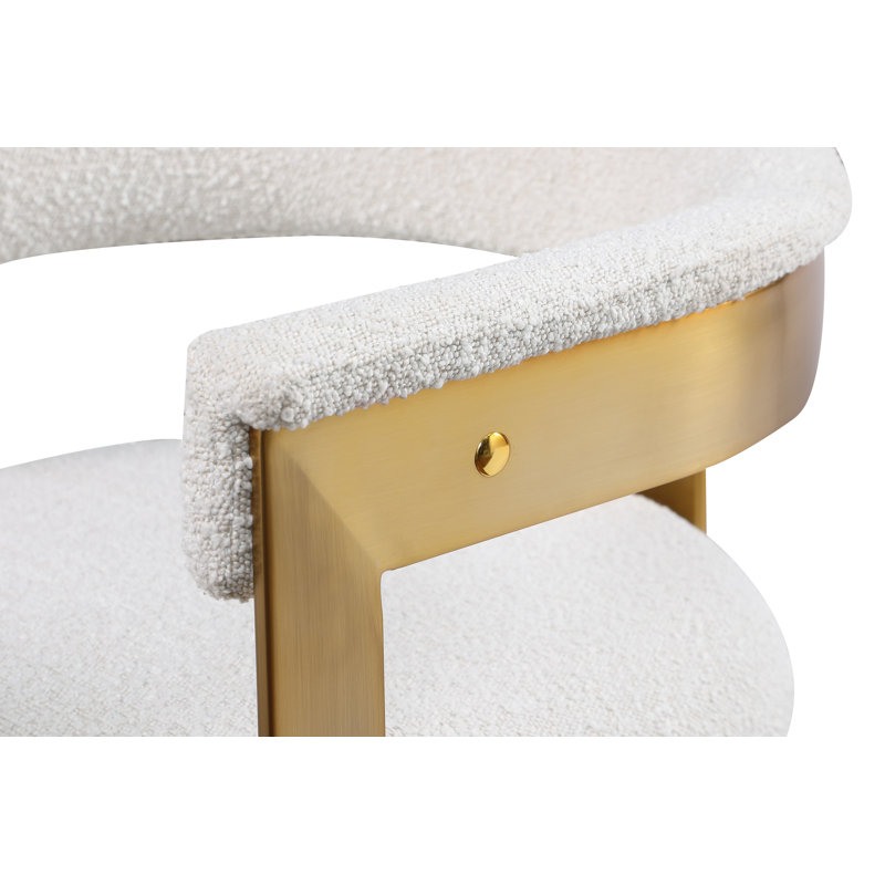 Chaise avec accoudoirs sans dossier rembourrée Romeo, Tissu crème bouclé, Or brossé