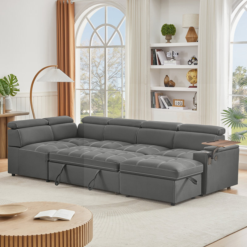 Canapé modulaire en tissu avec repose-pieds avec rangement, Gris