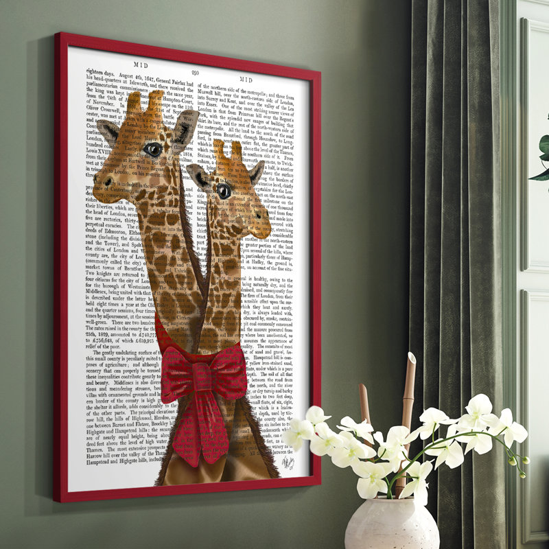 «Giraffes and Bow», reproduction encadrée, Cadre simple rouge, H 10 po x l 8 po