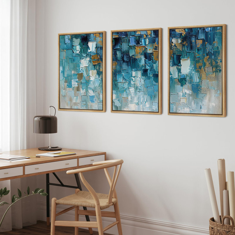 «Cerulean Cityscape», 3 pièces sur toile, H 36 po x l 72 po, Cadre naturel flottant
