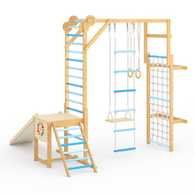 Ensemble de jeu 8-en-1 pour enfants, aire de jeu multi-activités avec toboggan, balançoire, barres à singes, filet de corde et anneaux de gymnastique pour la salle de jeux