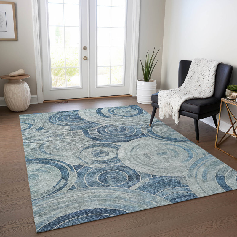 Tapis intérieur / extérieur bleu lavable à la machine Xhevrie, Rectangle 10 pi x 14 pi