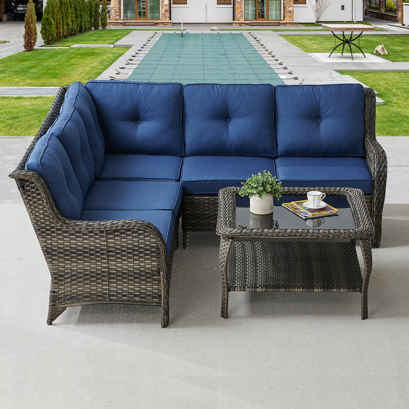 Tonry 88'' Wide Rectangle Wicker Patio Sofa with Cushions, Navy, Gray