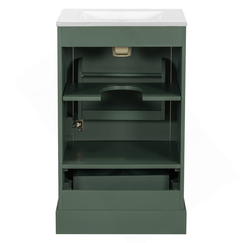 Meuble-lavabo de 20 po avec lavabo en céramique, porte à fermeture en douceur, tablette ajustable en forme de U, tiroir de compartiment et support de porte, style moderne, conception peu encombrante