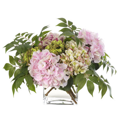 Hydrangea, Pink Green, Glass Cube, 22wx18dx14h