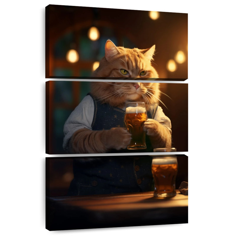 Chat tigré orange buvant de la bière, H 32 po x l 20 po