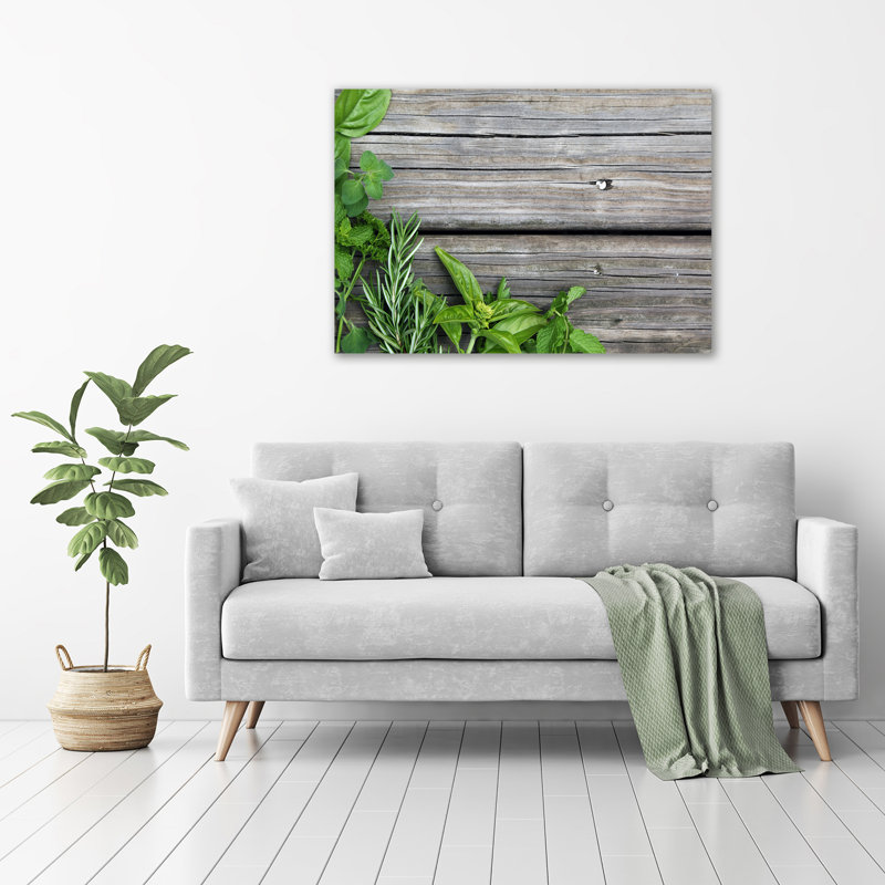 Wooden Background Herbs - Wrapped Canvas Print