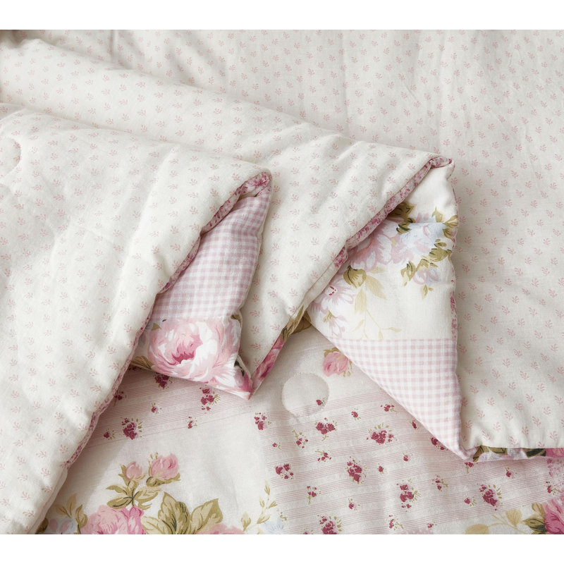 Full Size Pink Floral Cotton Reversible Comforter Set