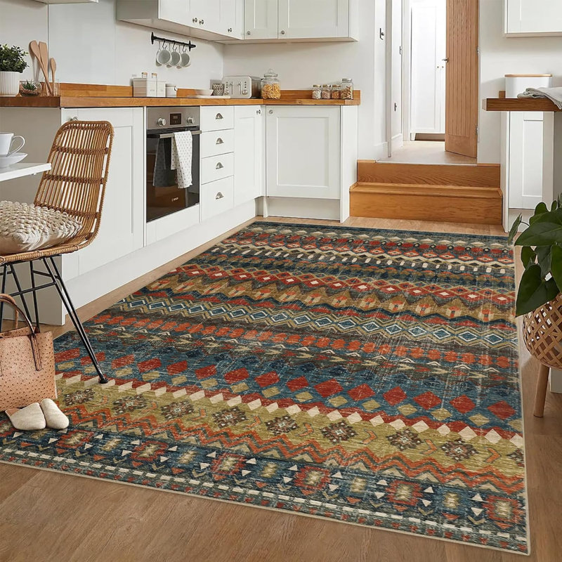 Rug Vintage Distressed Geometric Hallway Carpet Machine Washable Non-Slip Indoor Long Rug Non-Shedding Accent Carpet Beige