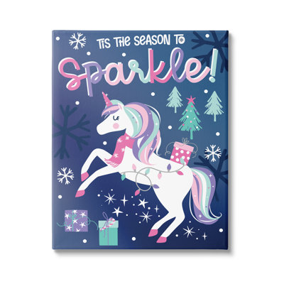 «Season To Sparkle», licorne de Noël fantaisiste, flocons de neige noirs, art numérique par estampe numérique par Angela Nickeas
