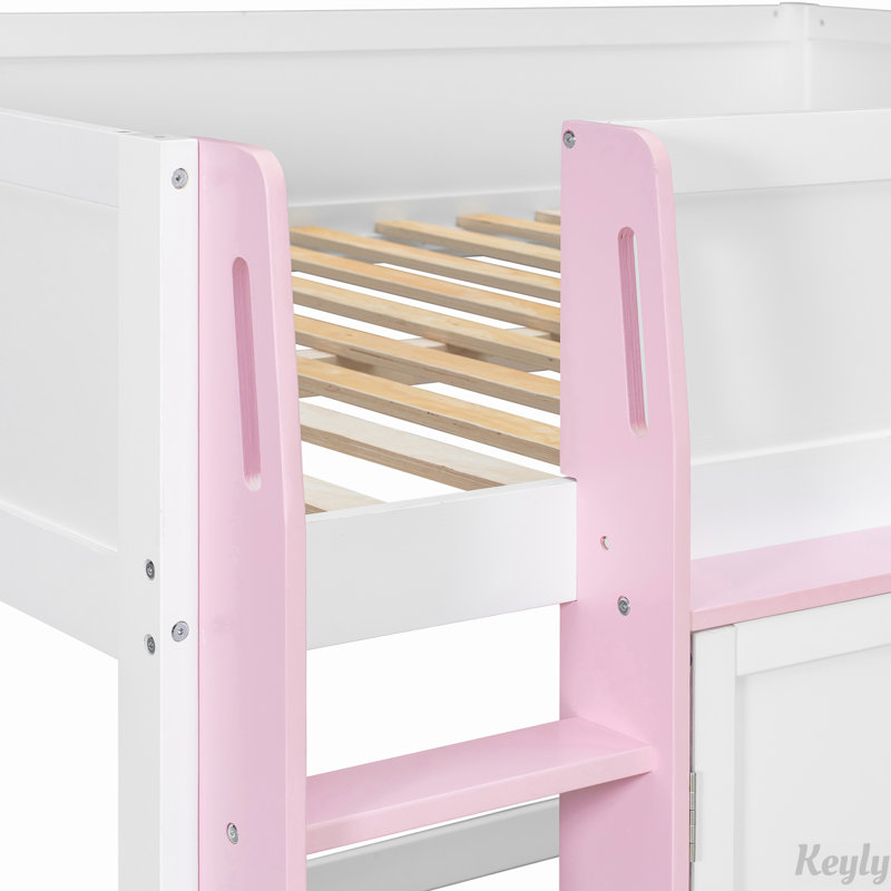 Lit mezzanine double avec maisonnette et rangement, lit en bois moderne pour enfants / adolescents, Blanc + rose