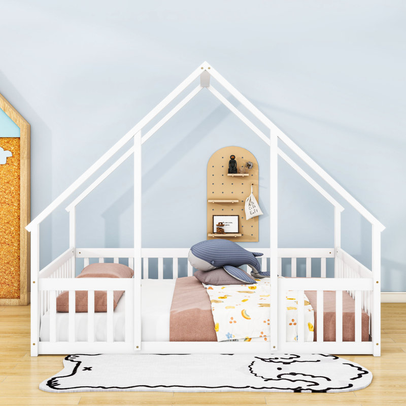 Wood House-Shaped Floor Bed With Fence, Full, White