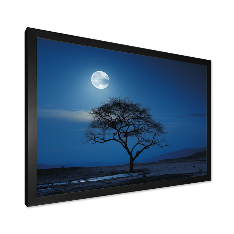 Bleu au clair de lune, arbre, désert - art mural arbre, Cadre d'angle fermé noir, H 12 po x l 20 po x P 1 po